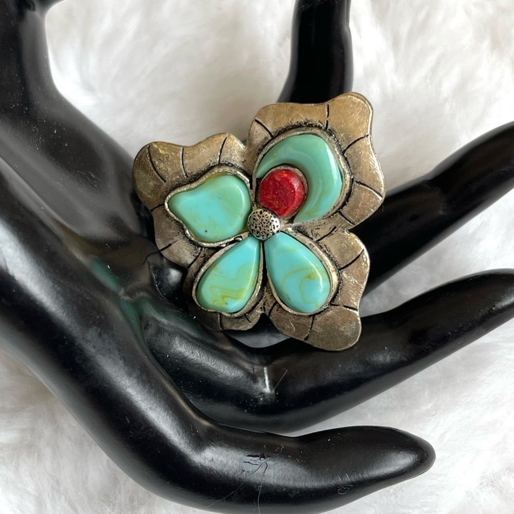 Boho Statement Flower Ring Turquoise Red Stone Oversized Adjustable Cocktail